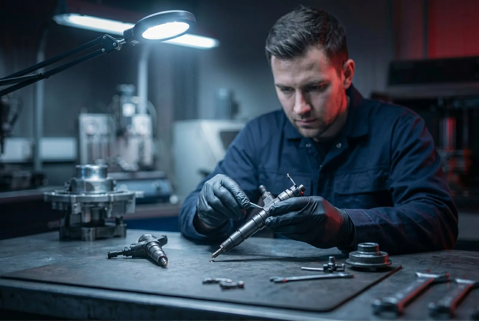 Techniker bei der Instandsetzung einer Diesel-Komponente am Arbeitsplatz
